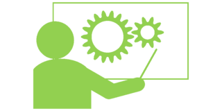 Icon Lehrveranstaltungsmeldung - Personensilhouette zeigt mit einem Stock auf eine Leinwand, auf der 2 Zahnräder abgebildet sind; Piktogrammdarstellung