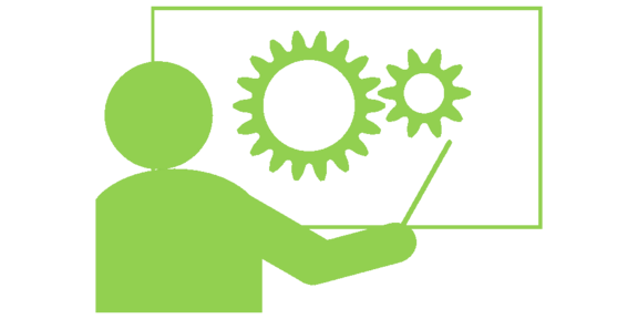 Lehrveranstaltungsmeldung Icon Lehrveranstaltungsmeldung - Personensilhouette zeigt mit einem Stock auf eine Leinwand, auf der 2 Zahnräder abgebildet sind; Piktogrammdarstellung